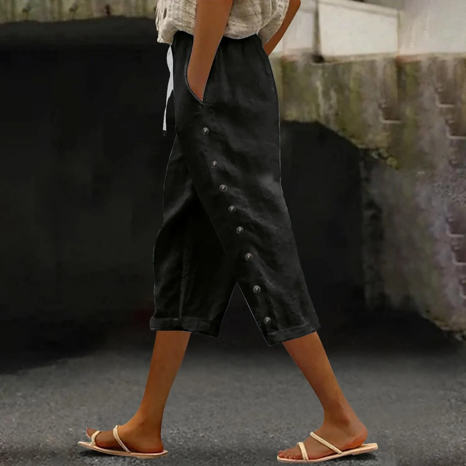 YRAETENM Linen Capris for Women Sumemr Drawstring High Waist Straight Leg Trousers Comfy Side Button Capri Pants with Pockets