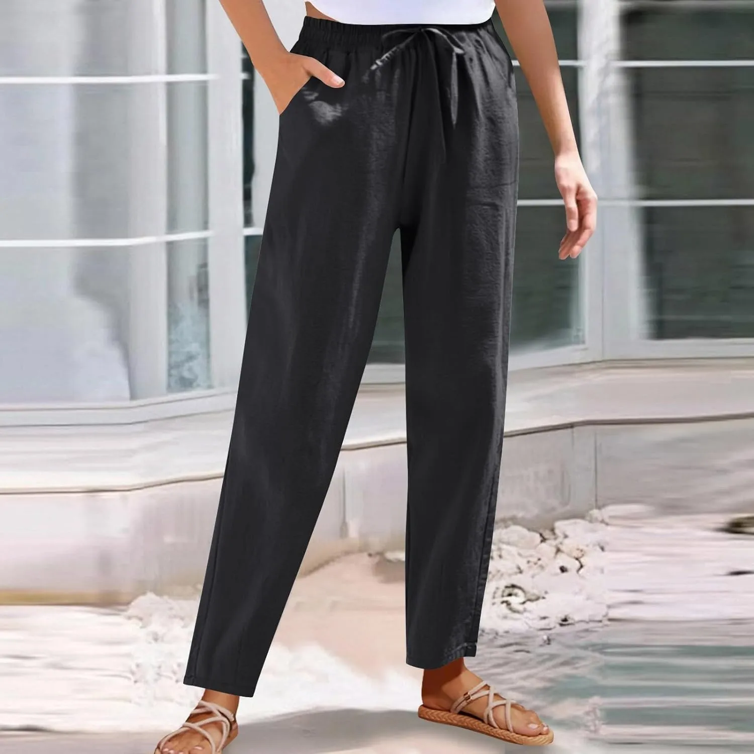 YRAETENM Petite Linen Pants for Women Casual Elastic Drawstring Cotton Trousers Summer Beach Lounge Pants with Pockets