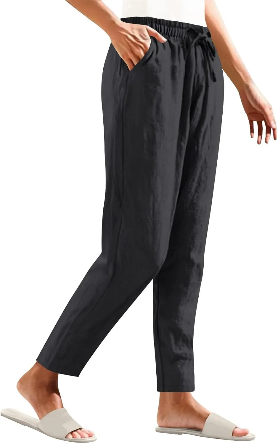 YRAETENM Petite Linen Pants for Women Casual Elastic Drawstring Cotton Trousers Summer Beach Lounge Pants with Pockets