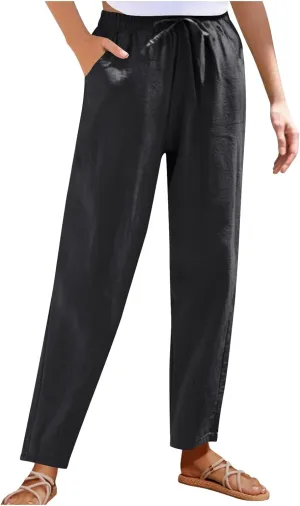 YRAETENM Petite Linen Pants for Women Casual Elastic Drawstring Cotton Trousers Summer Beach Lounge Pants with Pockets