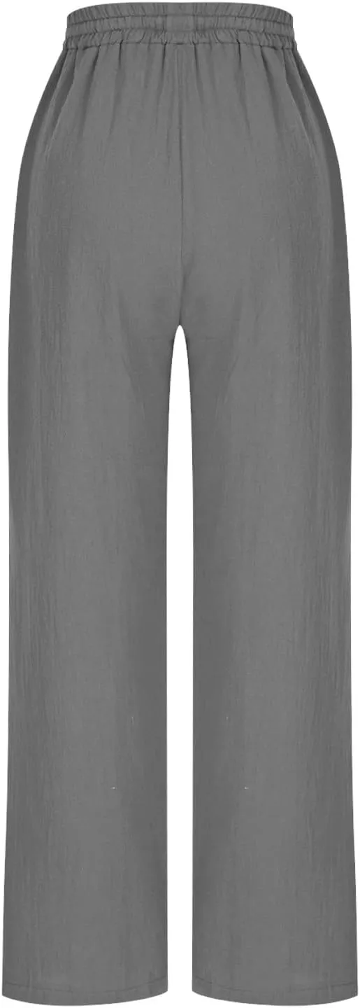 YRAETENM Petite Linen Pants for Women Casual Elastic Drawstring Cotton Trousers Summer Beach Lounge Pants with Pockets