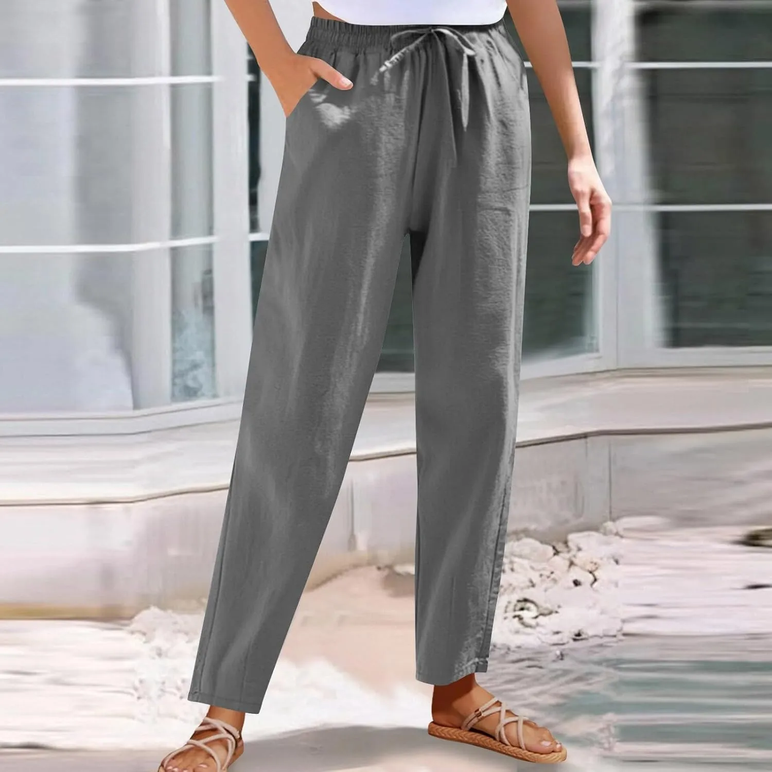 YRAETENM Petite Linen Pants for Women Casual Elastic Drawstring Cotton Trousers Summer Beach Lounge Pants with Pockets