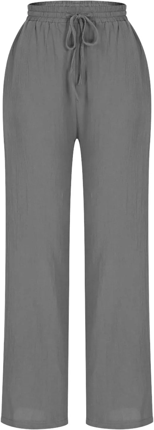 YRAETENM Petite Linen Pants for Women Casual Elastic Drawstring Cotton Trousers Summer Beach Lounge Pants with Pockets