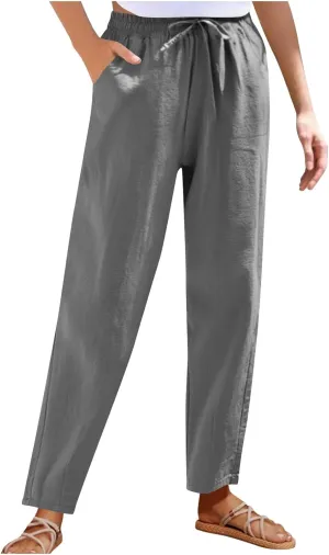 YRAETENM Petite Linen Pants for Women Casual Elastic Drawstring Cotton Trousers Summer Beach Lounge Pants with Pockets