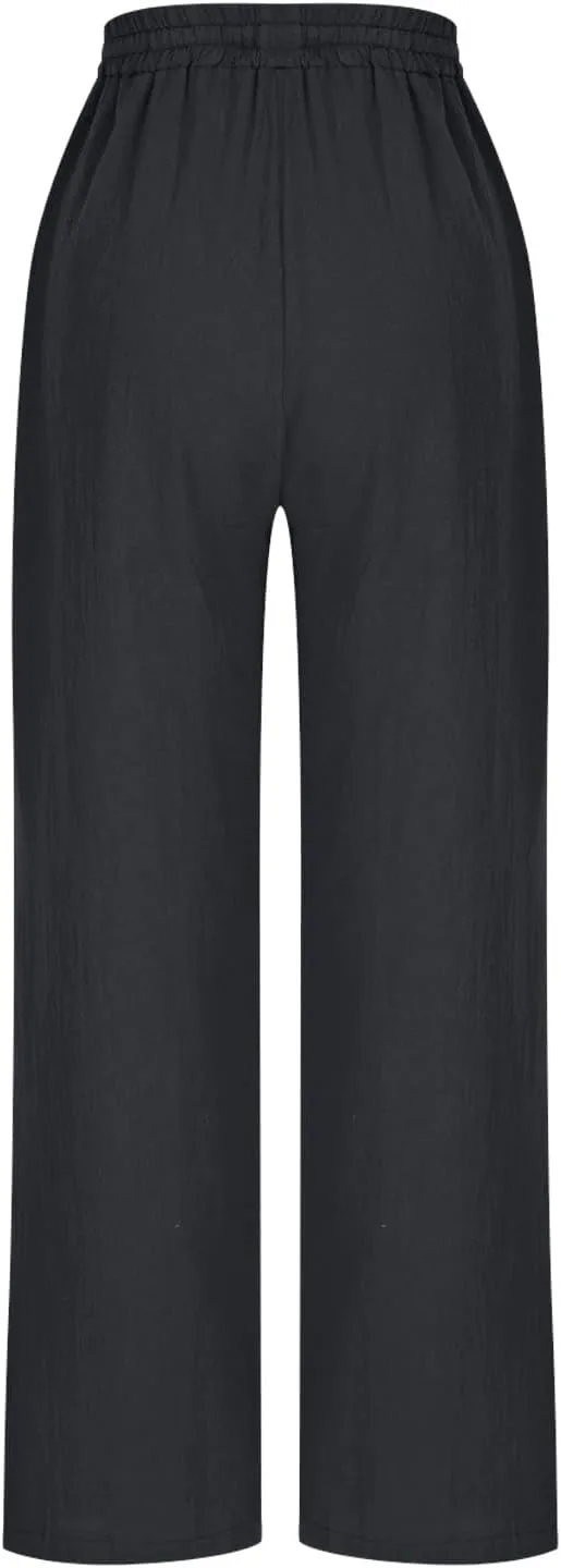 YRAETENM Petite Linen Pants for Women Casual Elastic Drawstring Cotton Trousers Summer Beach Lounge Pants with Pockets