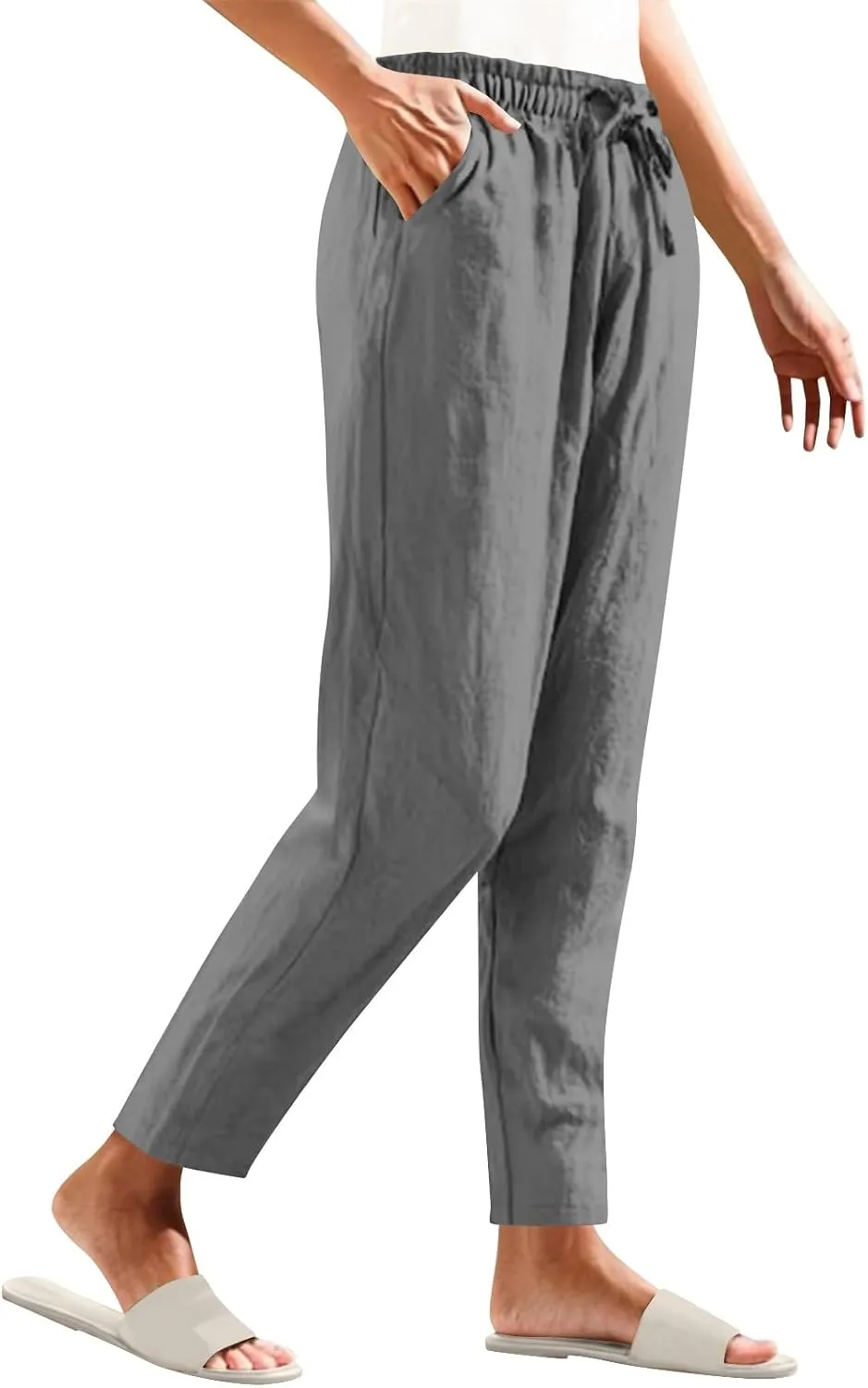 YRAETENM Petite Linen Pants for Women Casual Elastic Drawstring Cotton Trousers Summer Beach Lounge Pants with Pockets