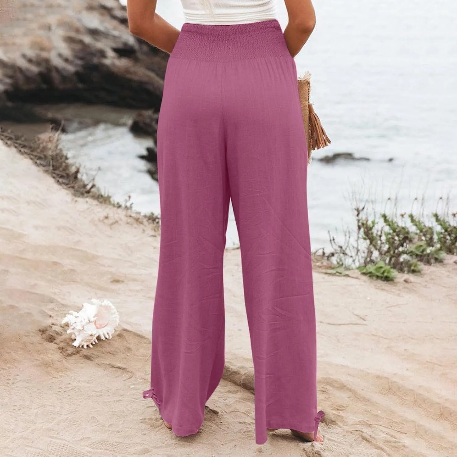 YRAETENM Womens Cotton Linen Palazzo Pants Summer Boho Wide Leg Lounge Pants Drawstring Casual Beach Trousers with Pockets