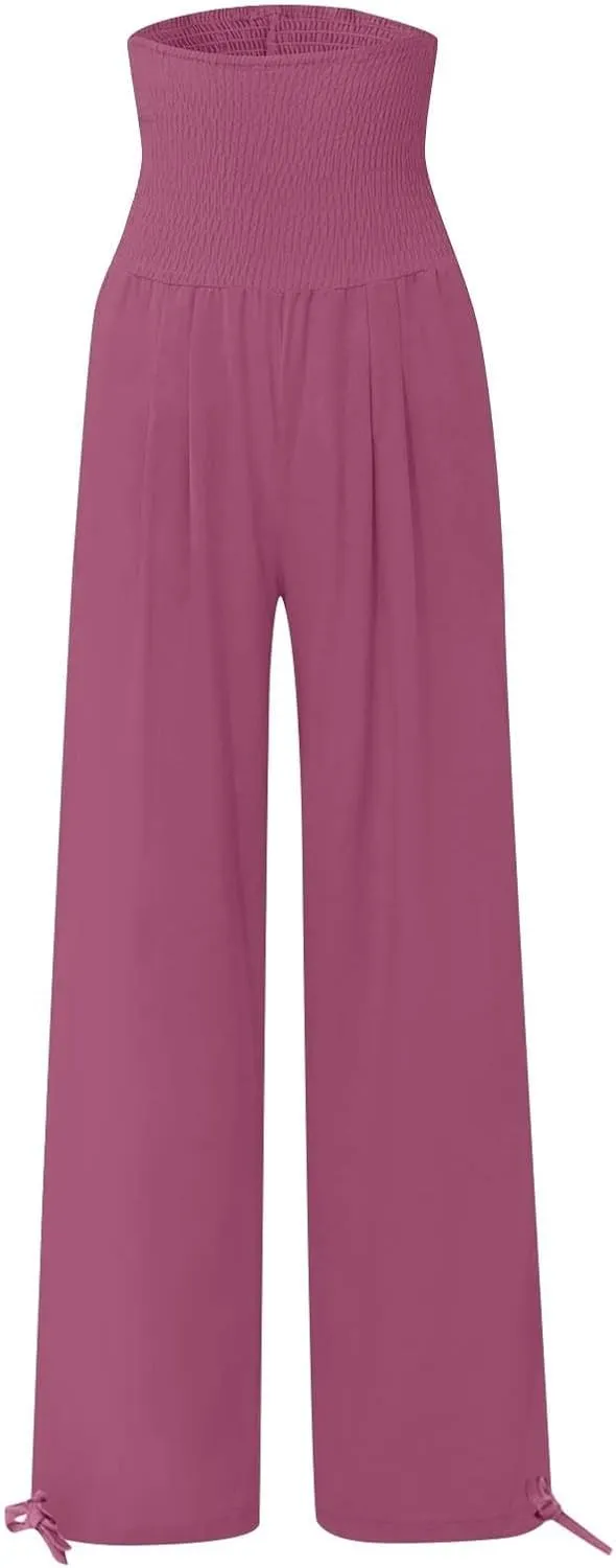YRAETENM Womens Cotton Linen Palazzo Pants Summer Boho Wide Leg Lounge Pants Drawstring Casual Beach Trousers with Pockets
