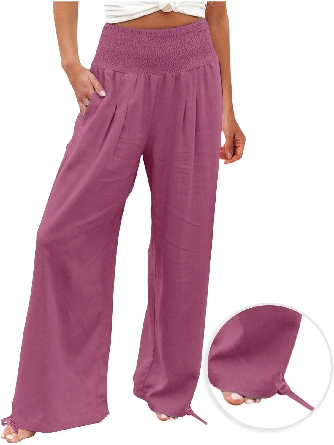 YRAETENM Womens Cotton Linen Palazzo Pants Summer Boho Wide Leg Lounge Pants Drawstring Casual Beach Trousers with Pockets