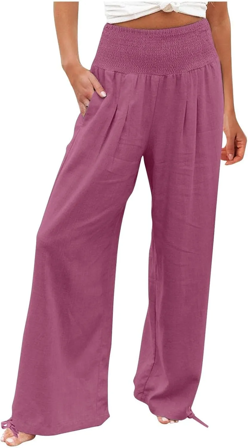 YRAETENM Womens Cotton Linen Palazzo Pants Summer Boho Wide Leg Lounge Pants Drawstring Casual Beach Trousers with Pockets
