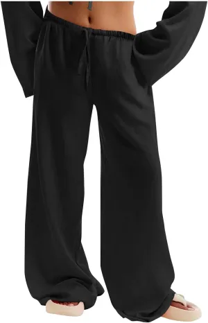 YRAETENM Women's Cover up Beach Pants Drawstring Low Rise Wide Leg Linen Pants Trendy Streetwear Summer Casual Baggy Trousers