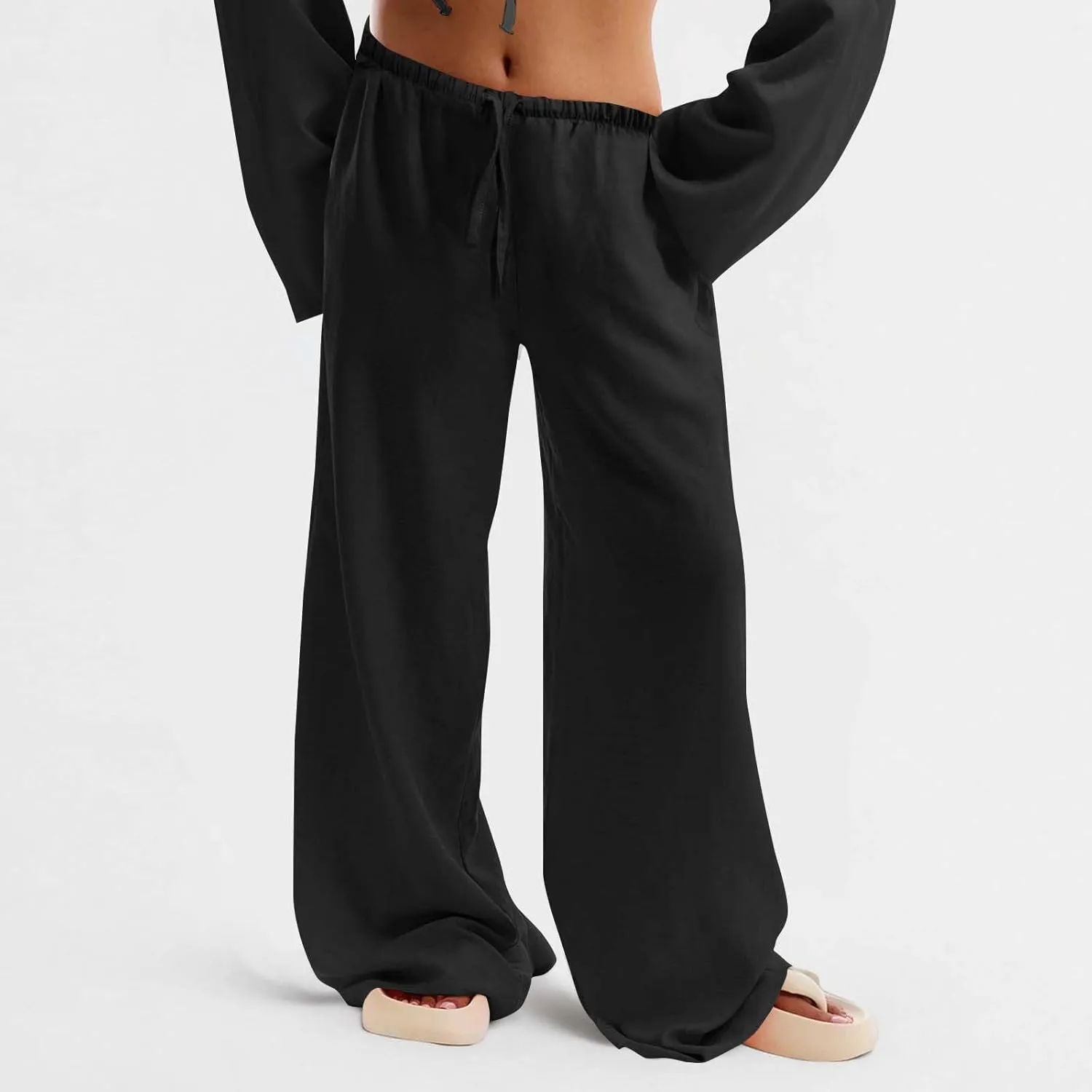 YRAETENM Women's Cover up Beach Pants Drawstring Low Rise Wide Leg Linen Pants Trendy Streetwear Summer Casual Baggy Trousers