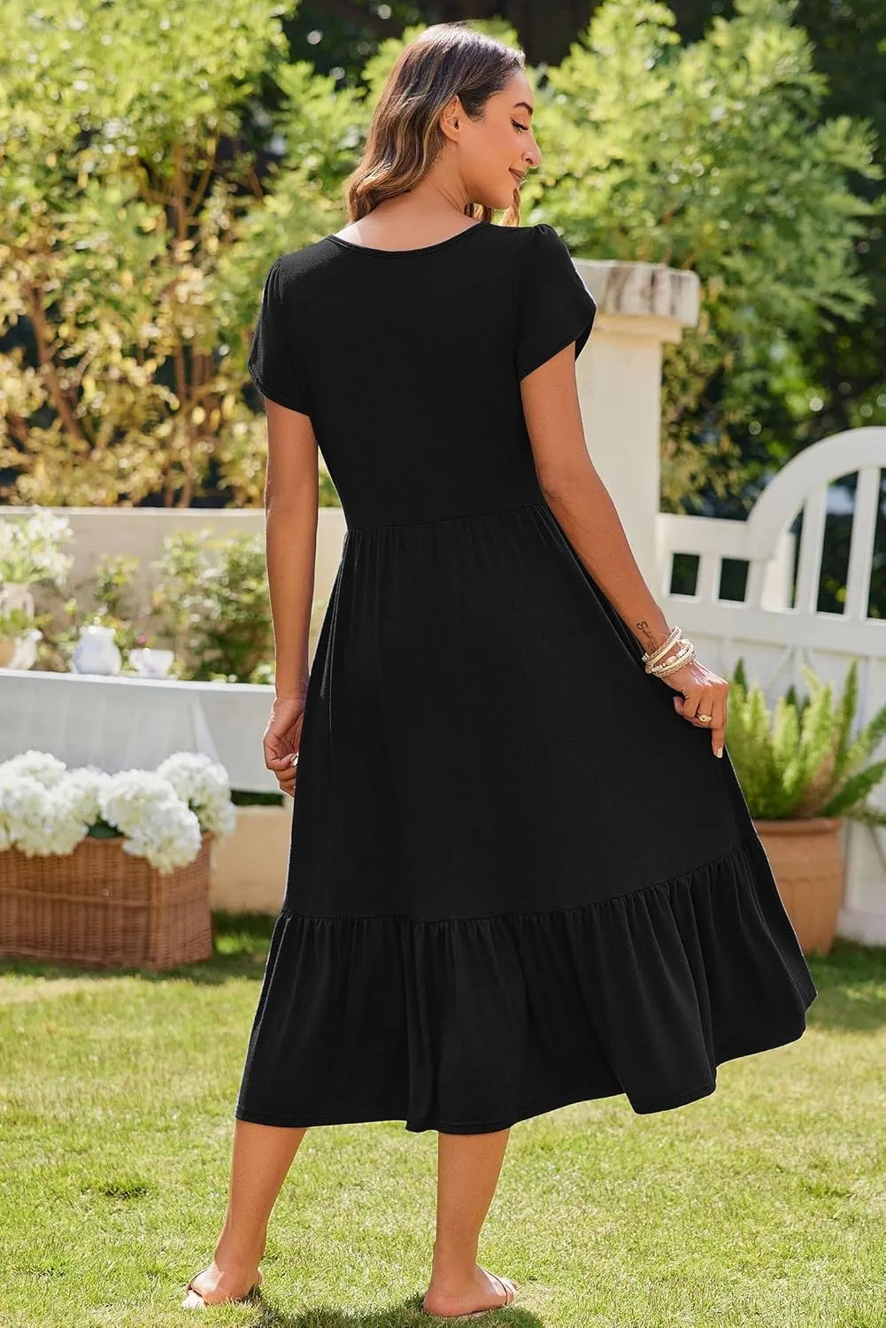 Zeagoo Women Summer Midi A Line Dress Short Sleeve Casual Flowy Tiered Beach Long Sundress with Pockets 2025 Vacation Travel