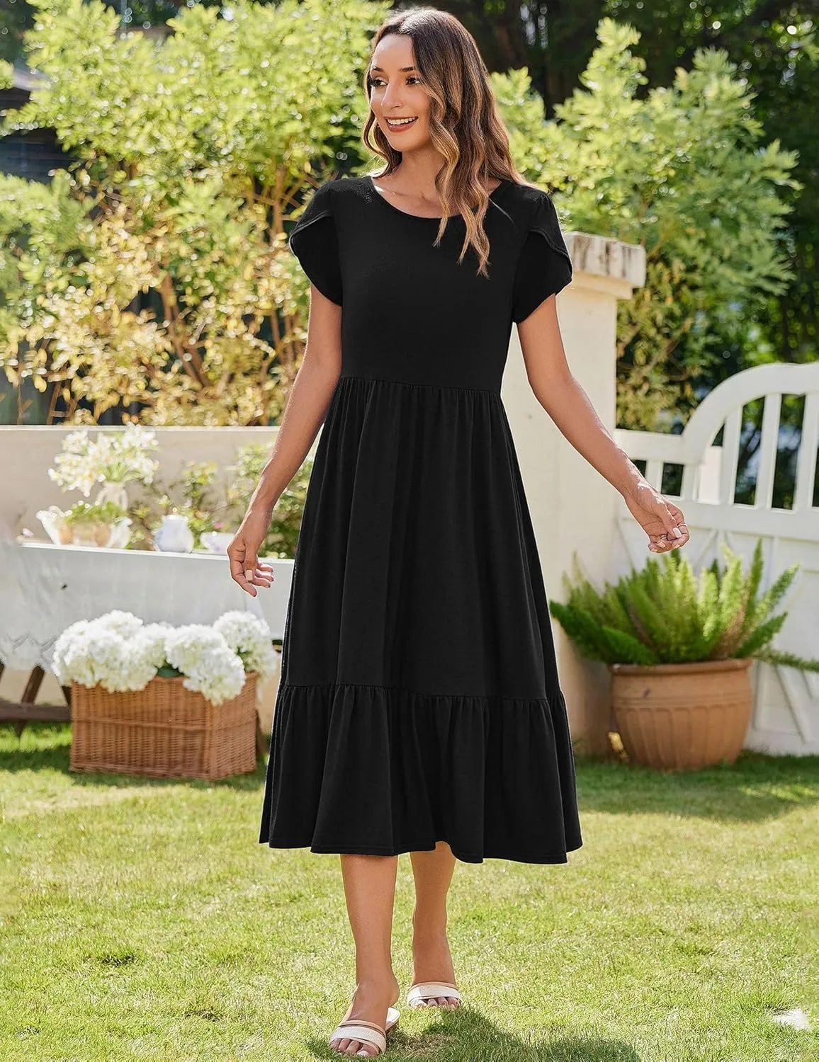 Zeagoo Women Summer Midi A Line Dress Short Sleeve Casual Flowy Tiered Beach Long Sundress with Pockets 2025 Vacation Travel