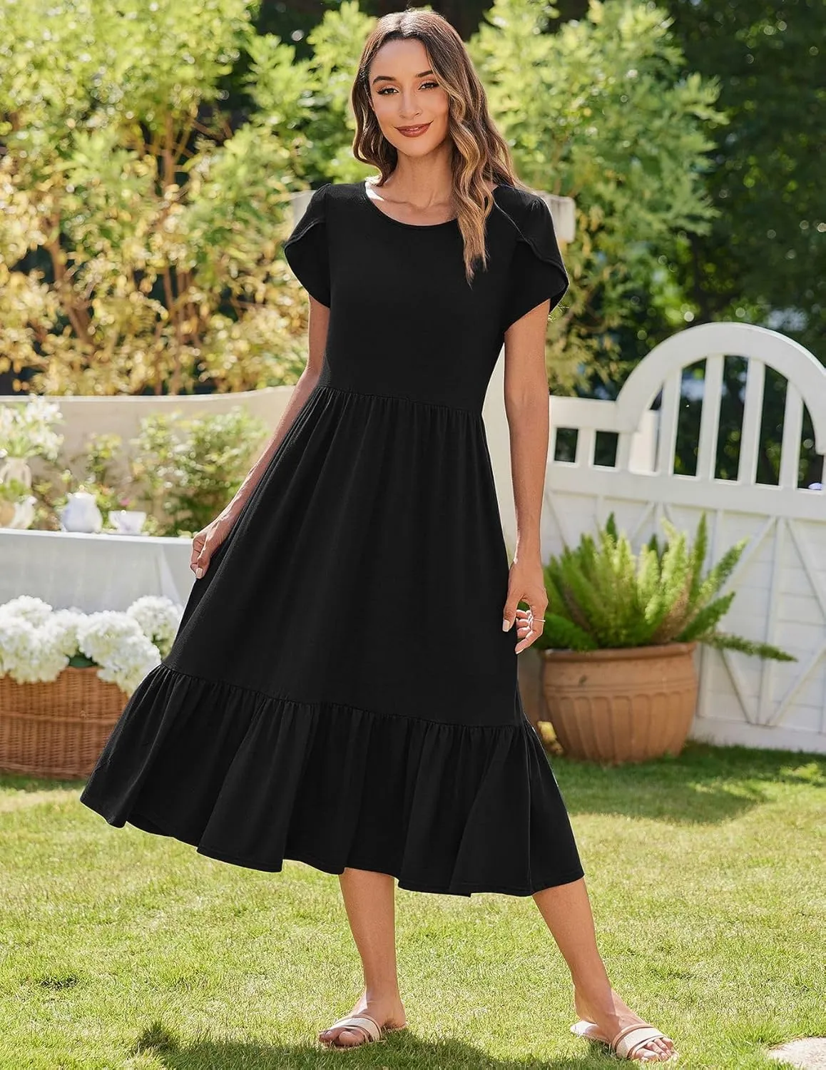 Zeagoo Women Summer Midi A Line Dress Short Sleeve Casual Flowy Tiered Beach Long Sundress with Pockets 2025 Vacation Travel
