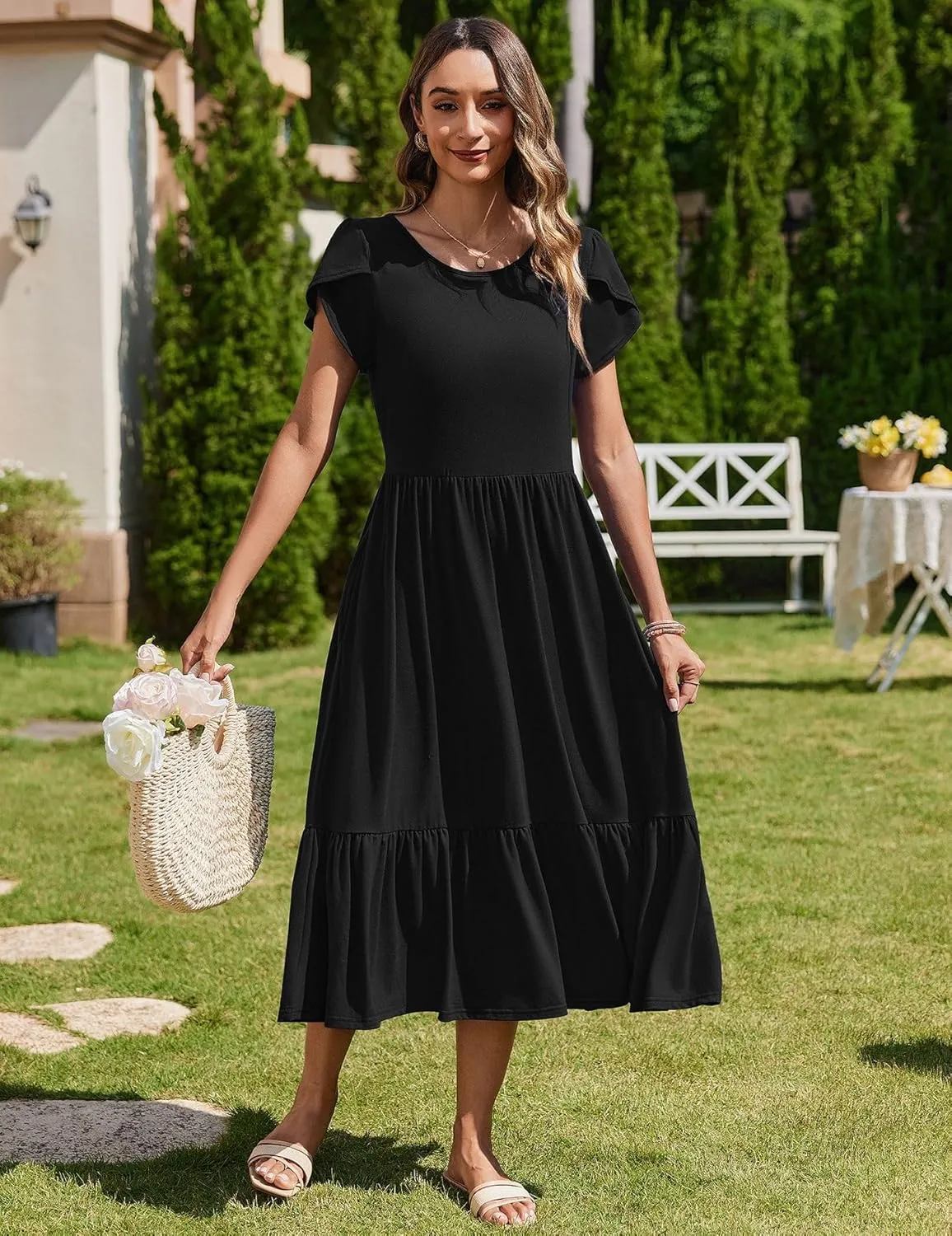 Zeagoo Women Summer Midi A Line Dress Short Sleeve Casual Flowy Tiered Beach Long Sundress with Pockets 2025 Vacation Travel