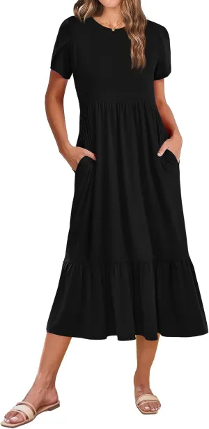 Zeagoo Women Summer Midi A Line Dress Short Sleeve Casual Flowy Tiered Beach Long Sundress with Pockets 2025 Vacation Travel