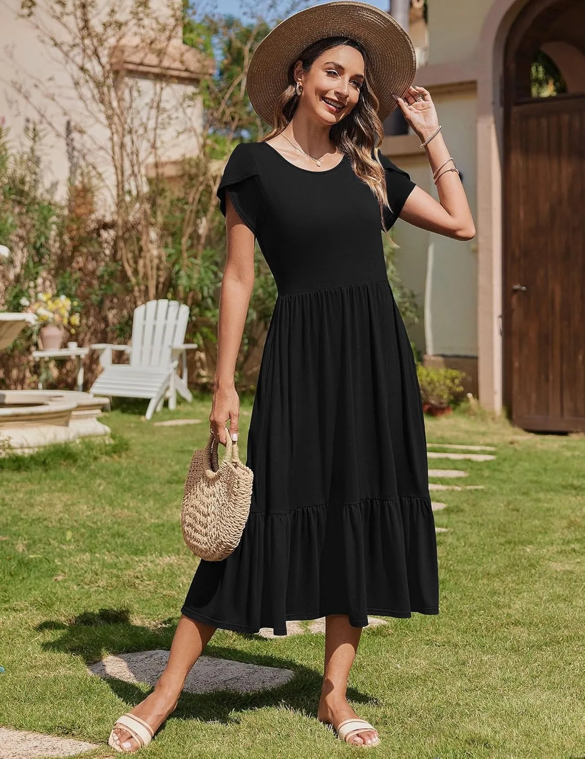 Zeagoo Women Summer Midi A Line Dress Short Sleeve Casual Flowy Tiered Beach Long Sundress with Pockets 2025 Vacation Travel