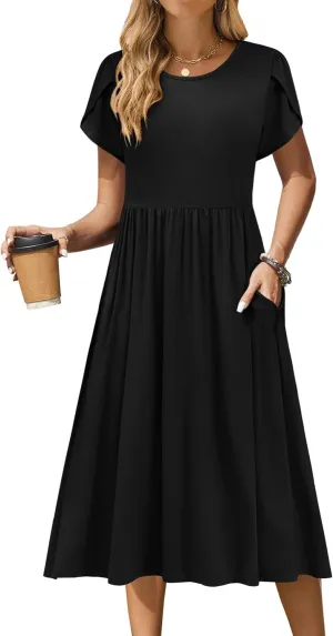Zeagoo Women Summer Short Sleeve Midi Dress with Pockets Casual Aline Flowy Tshirt Dress Floral Vocation Beach Sundress