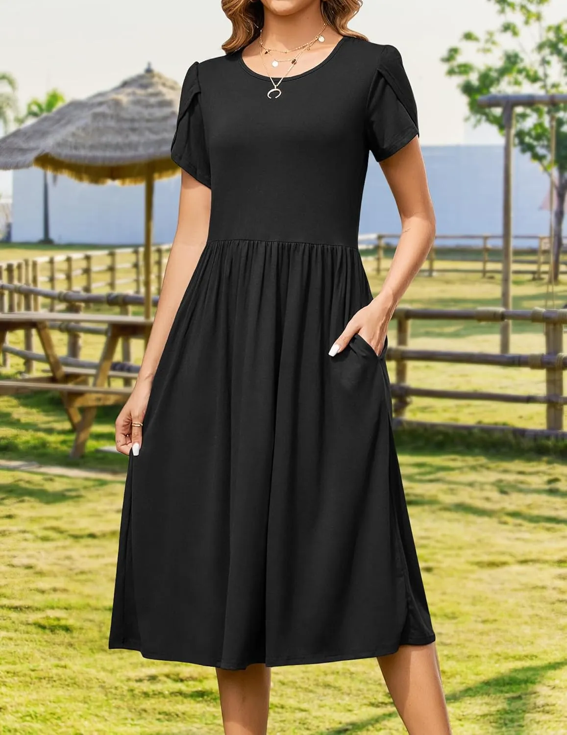 Zeagoo Women Summer Short Sleeve Midi Dress with Pockets Casual Aline Flowy Tshirt Dress Floral Vocation Beach Sundress