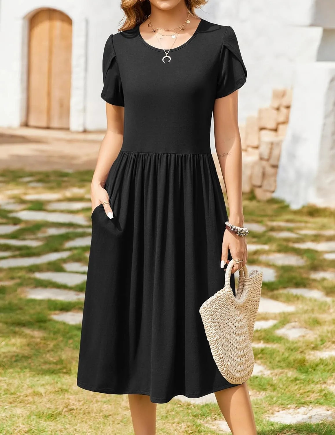 Zeagoo Women Summer Short Sleeve Midi Dress with Pockets Casual Aline Flowy Tshirt Dress Floral Vocation Beach Sundress