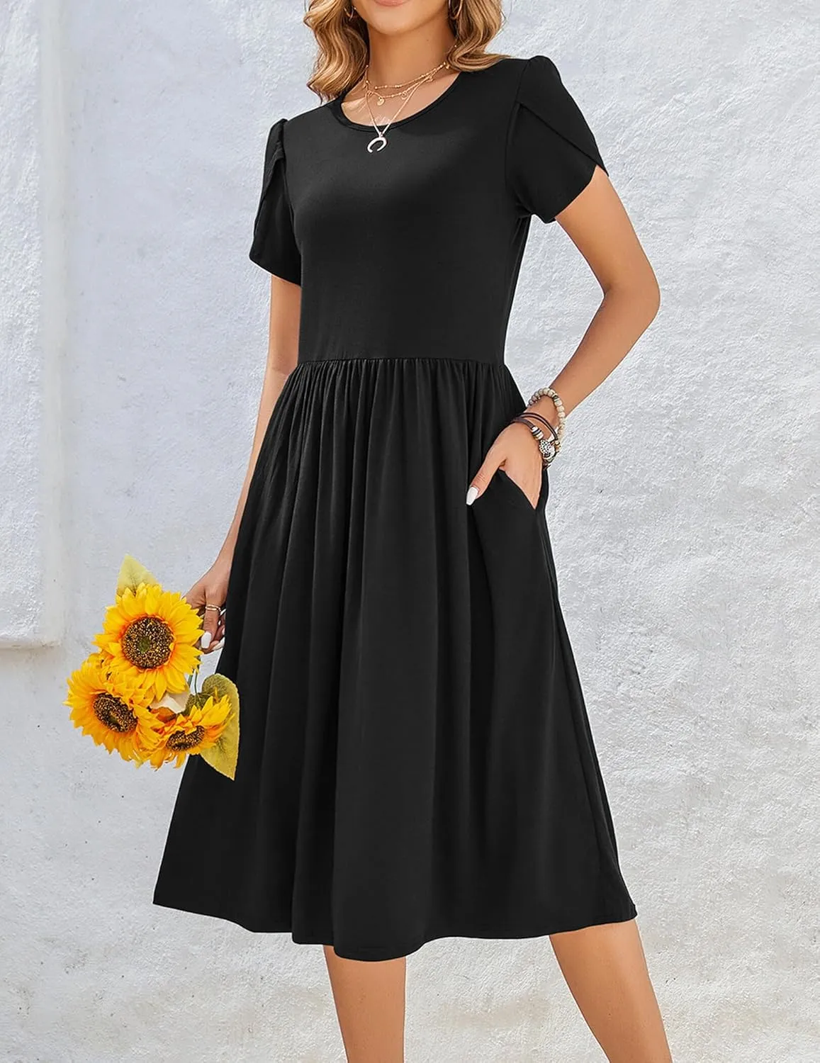 Zeagoo Women Summer Short Sleeve Midi Dress with Pockets Casual Aline Flowy Tshirt Dress Floral Vocation Beach Sundress