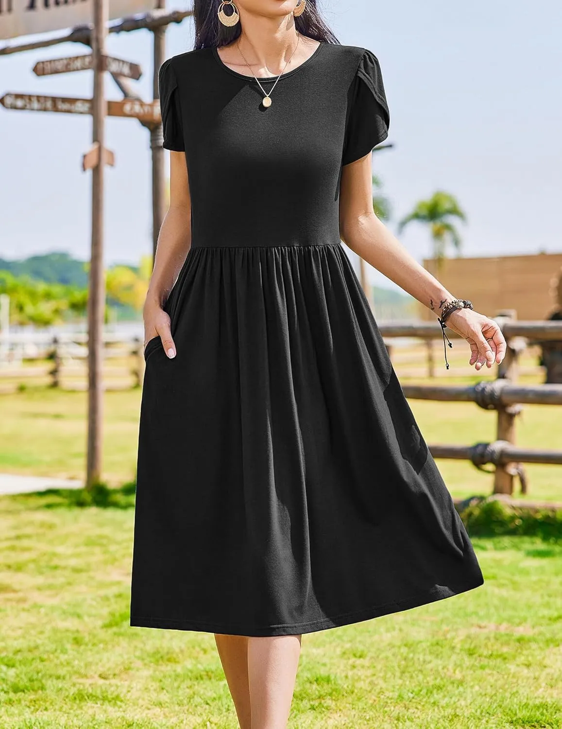 Zeagoo Women Summer Short Sleeve Midi Dress with Pockets Casual Aline Flowy Tshirt Dress Floral Vocation Beach Sundress