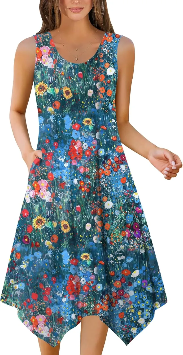 Zeagoo Womens Casual Dress for Summer Tank Dress Loose Flowy Beach Dress with Pockets Hankerchief Flare Midi Sundress 2025