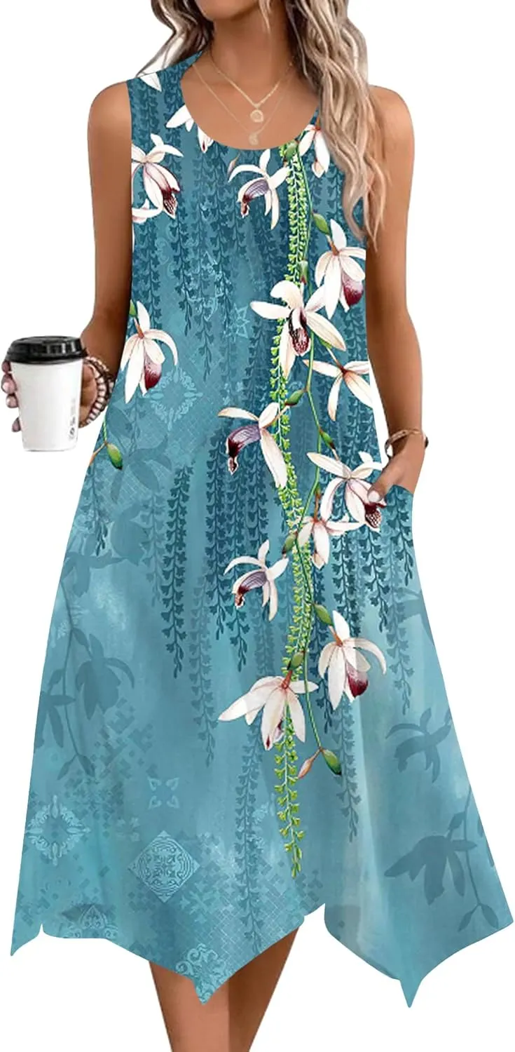 Zeagoo Womens Casual Dress for Summer Tank Dress Loose Flowy Beach Dress with Pockets Hankerchief Flare Midi Sundress 2025