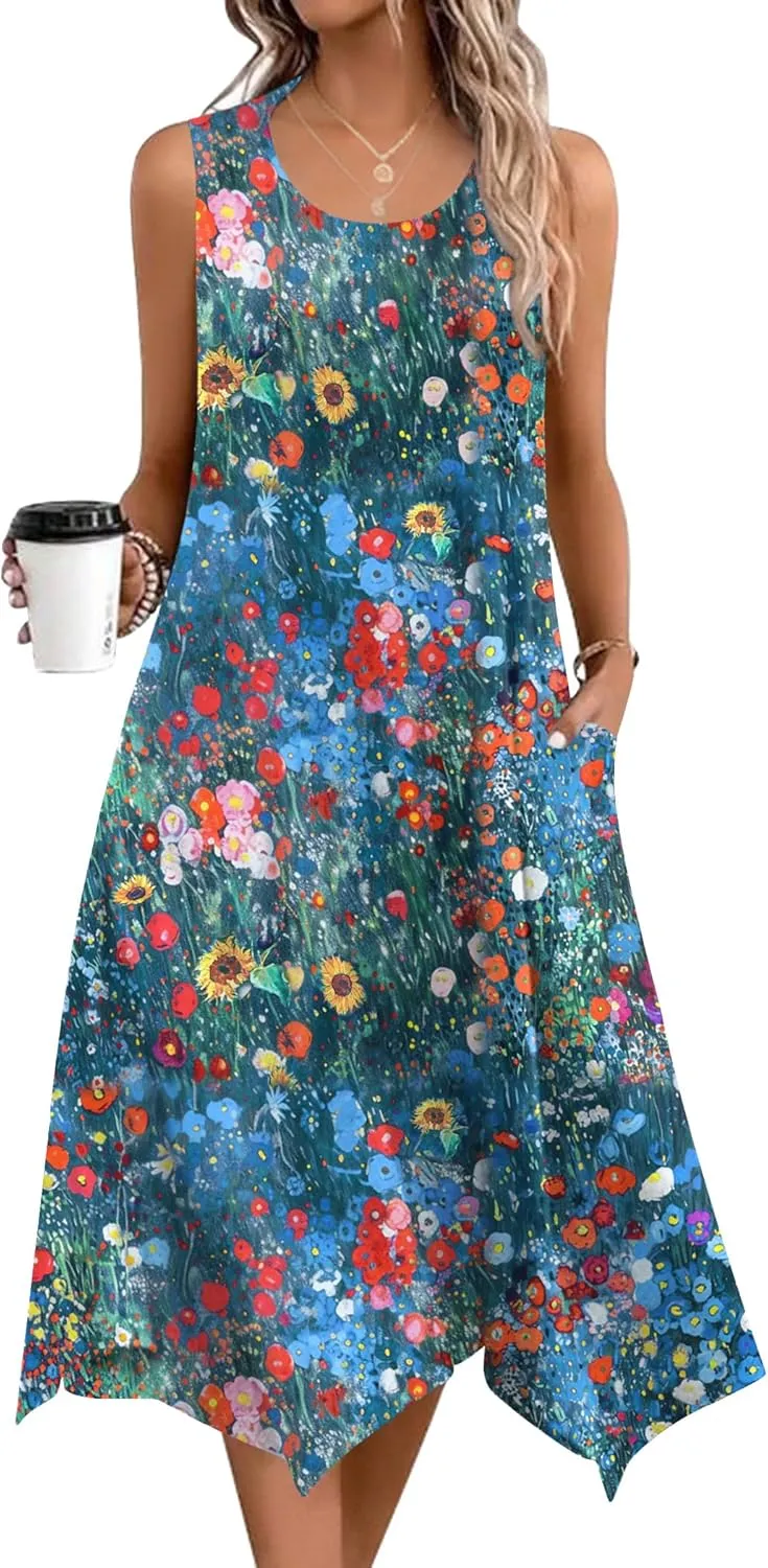 Zeagoo Womens Casual Dress for Summer Tank Dress Loose Flowy Beach Dress with Pockets Hankerchief Flare Midi Sundress 2025