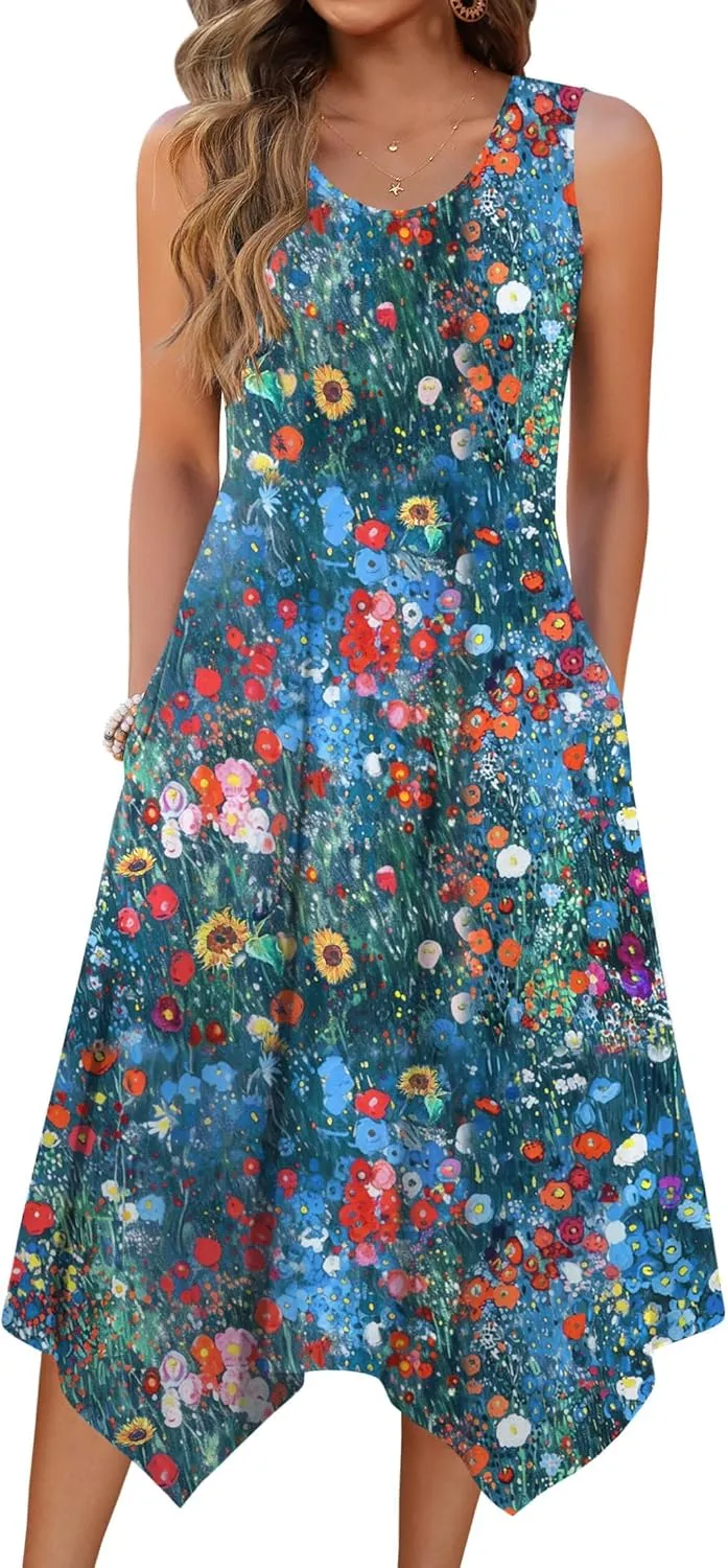 Zeagoo Womens Casual Dress for Summer Tank Dress Loose Flowy Beach Dress with Pockets Hankerchief Flare Midi Sundress 2025