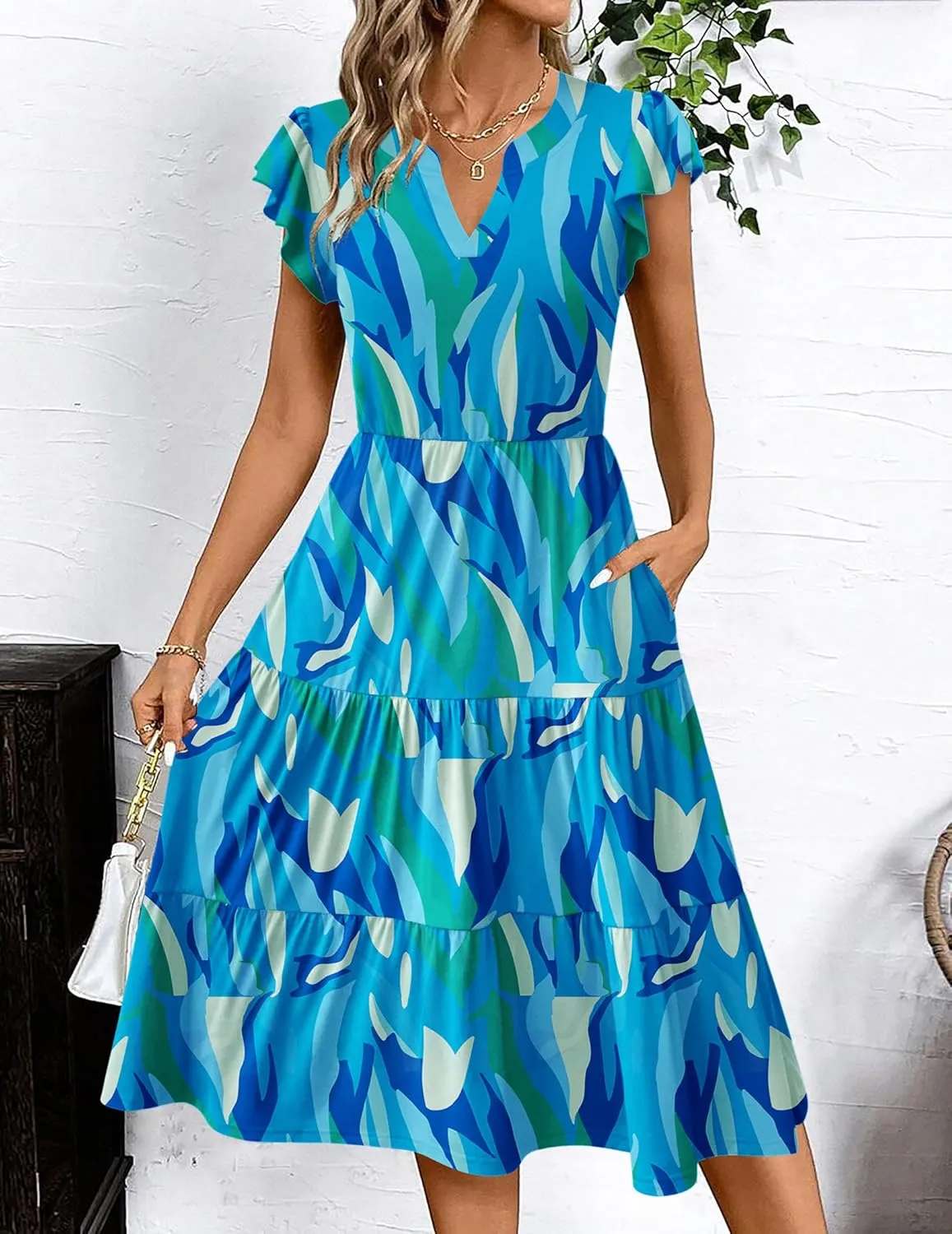 Zeagoo Womens Summer Casual Dresses Ruffle Sleeve V Neck Midi Dress Flowy Tiered Dress with Pockets Boho Sundresses