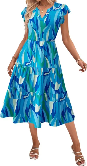 Zeagoo Womens Summer Casual Dresses Ruffle Sleeve V Neck Midi Dress Flowy Tiered Dress with Pockets Boho Sundresses