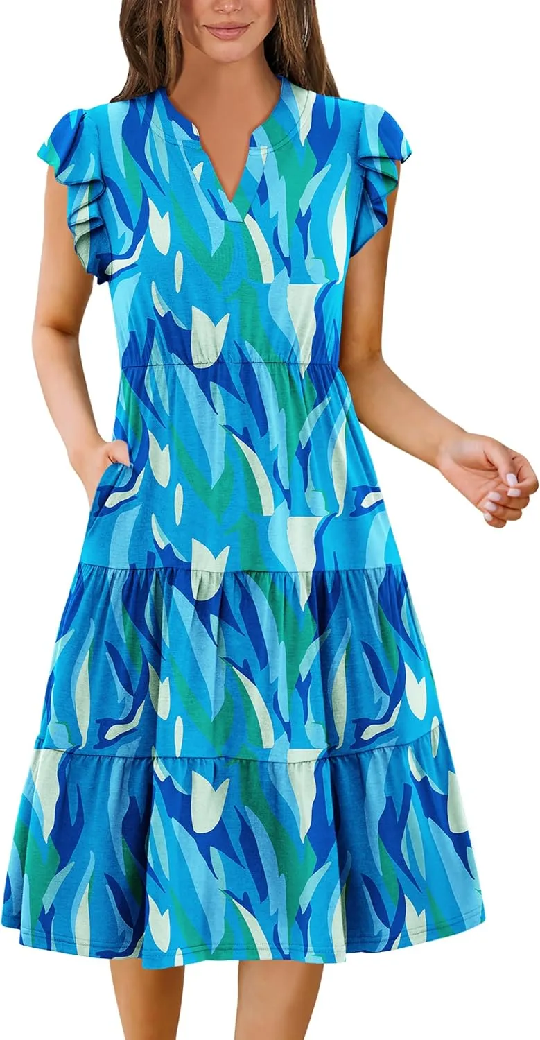 Zeagoo Womens Summer Casual Dresses Ruffle Sleeve V Neck Midi Dress Flowy Tiered Dress with Pockets Boho Sundresses