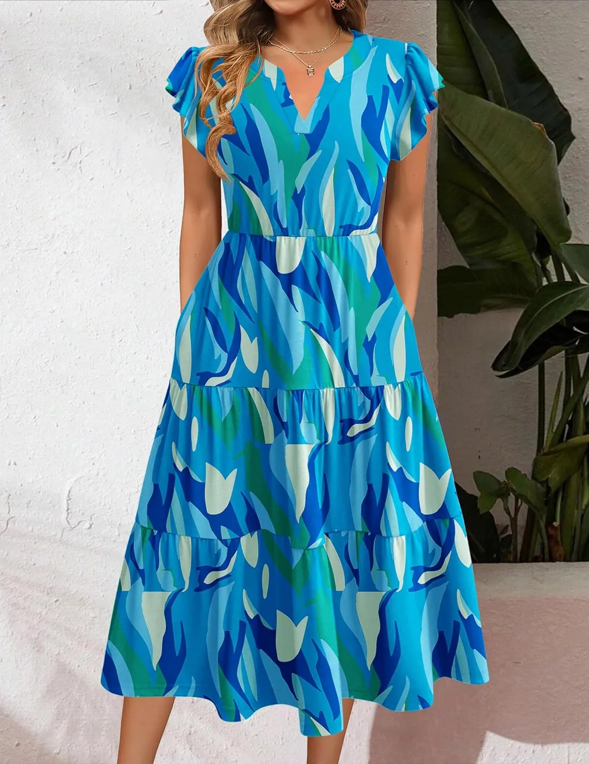 Zeagoo Womens Summer Casual Dresses Ruffle Sleeve V Neck Midi Dress Flowy Tiered Dress with Pockets Boho Sundresses