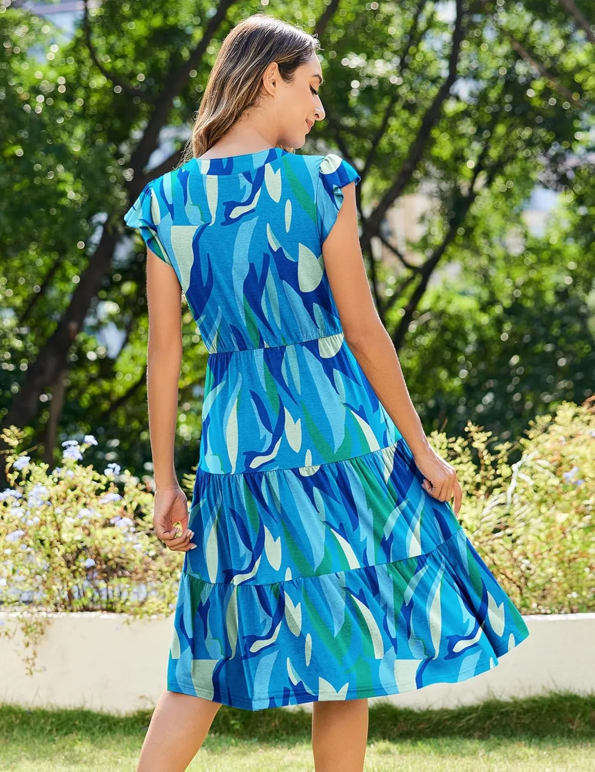 Zeagoo Womens Summer Casual Dresses Ruffle Sleeve V Neck Midi Dress Flowy Tiered Dress with Pockets Boho Sundresses