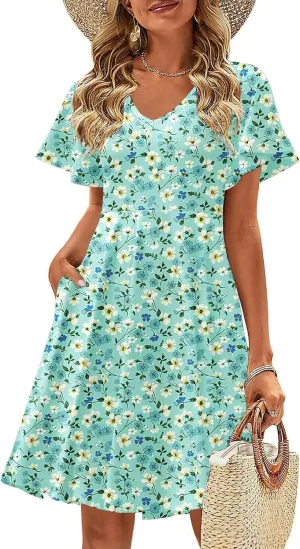 Zeagoo Womens Summer Dress Casual Swing Floral Ruffle Short Sleeve Sundresses Beach Mini A-line Shift Dress 2025 with Pockets