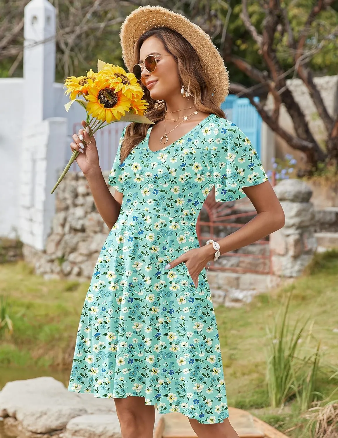 Zeagoo Womens Summer Dress Casual Swing Floral Ruffle Short Sleeve Sundresses Beach Mini A-line Shift Dress 2025 with Pockets