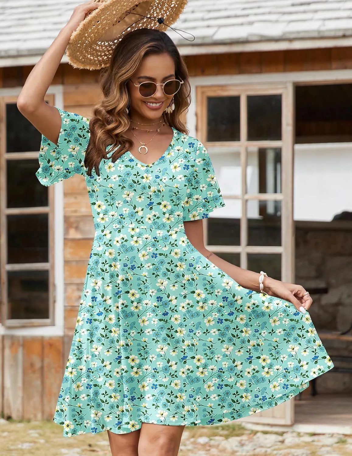 Zeagoo Womens Summer Dress Casual Swing Floral Ruffle Short Sleeve Sundresses Beach Mini A-line Shift Dress 2025 with Pockets