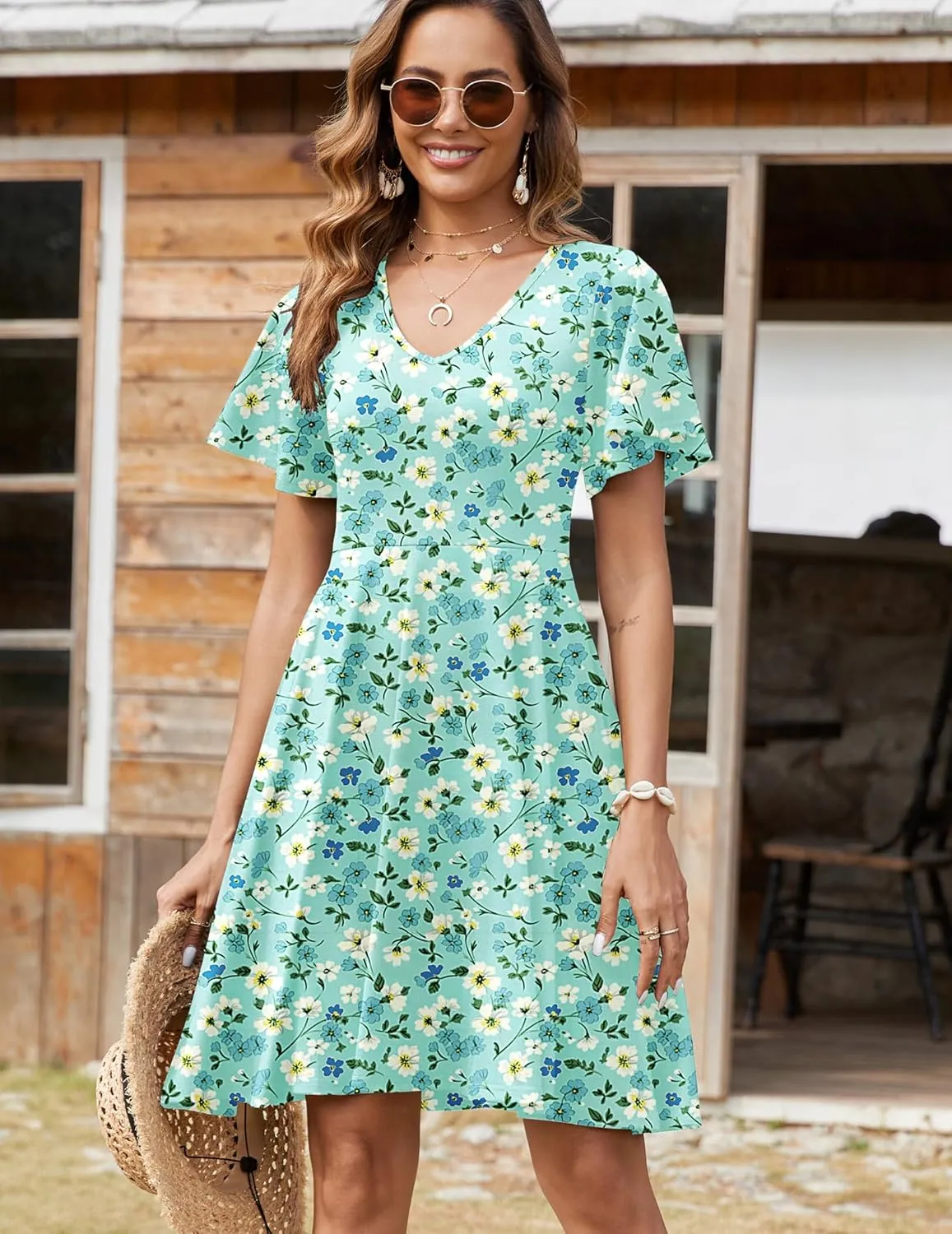 Zeagoo Womens Summer Dress Casual Swing Floral Ruffle Short Sleeve Sundresses Beach Mini A-line Shift Dress 2025 with Pockets