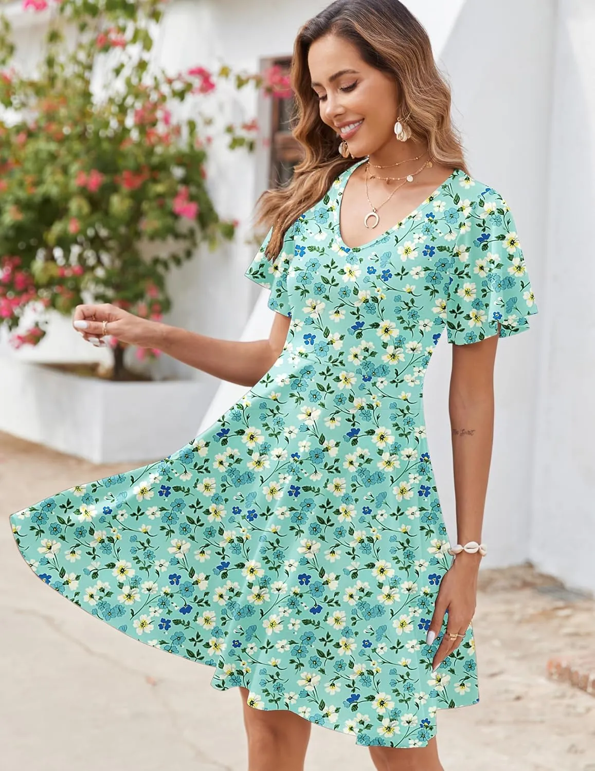 Zeagoo Womens Summer Dress Casual Swing Floral Ruffle Short Sleeve Sundresses Beach Mini A-line Shift Dress 2025 with Pockets