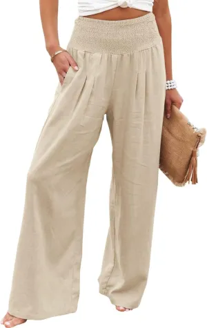 ZWRXW 2025 Linen Pants Women Summer Boho Wide Leg Palazzo Pants High Waist Casual Lounge Pant for Beach Travel Vacation Work