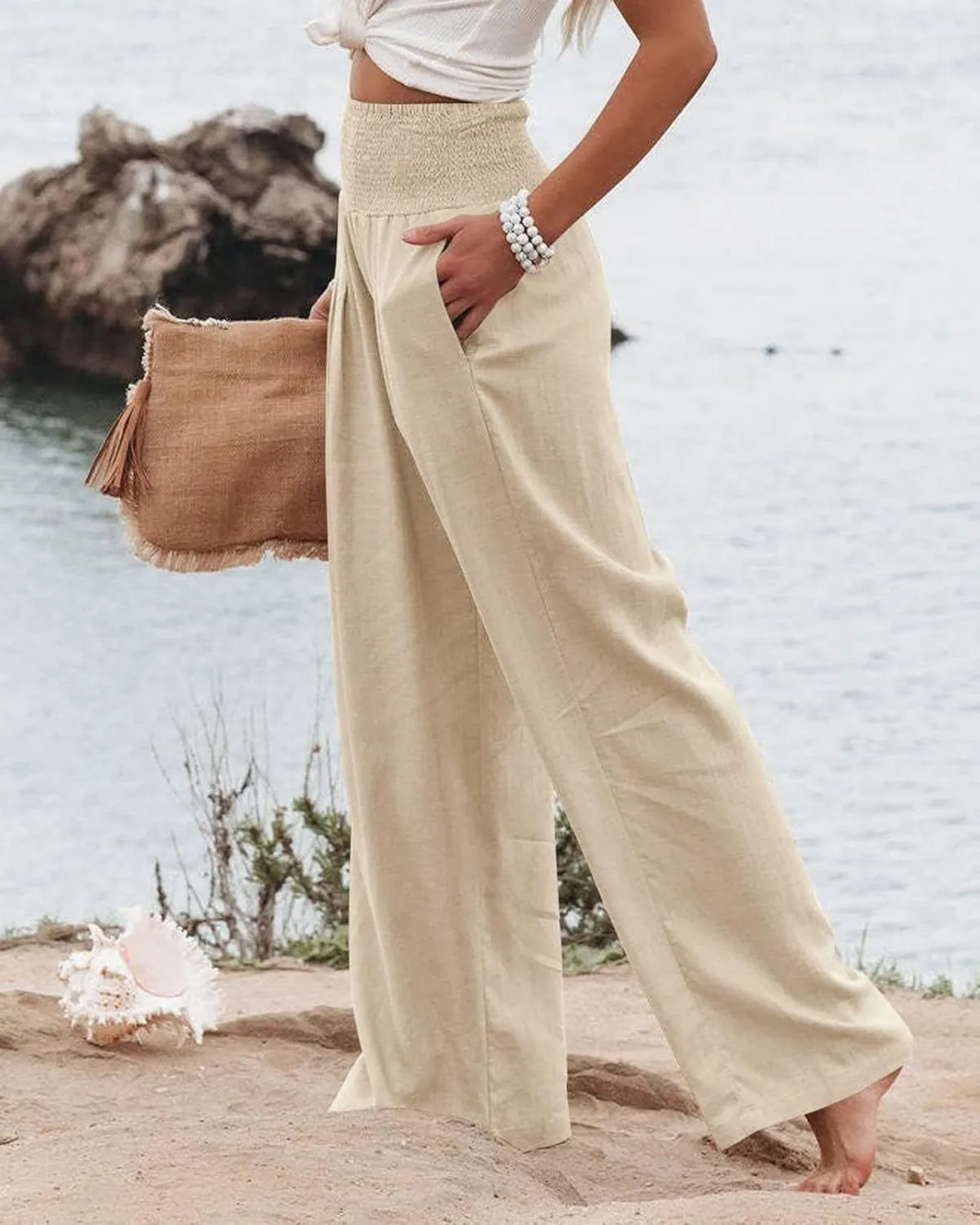 ZWRXW 2025 Linen Pants Women Summer Boho Wide Leg Palazzo Pants High Waist Casual Lounge Pant for Beach Travel Vacation Work