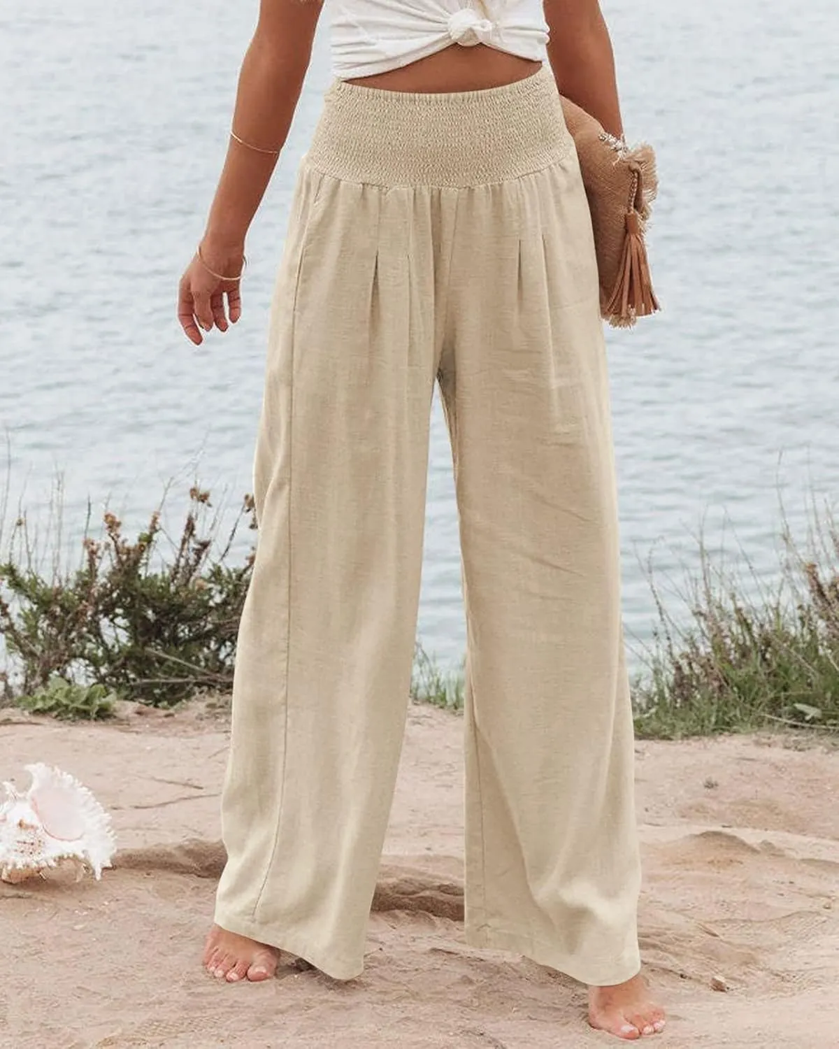 ZWRXW 2025 Linen Pants Women Summer Boho Wide Leg Palazzo Pants High Waist Casual Lounge Pant for Beach Travel Vacation Work
