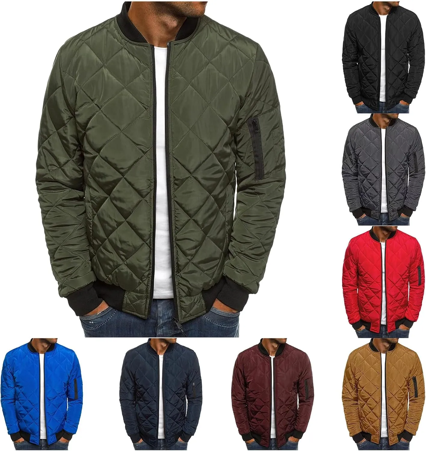 ZWRXW Bomber Jackets for Men Diamond Quilted Puffer Down Jacket Full Zip Lightweight Varsity Padded Coat Winter Warm Outwear