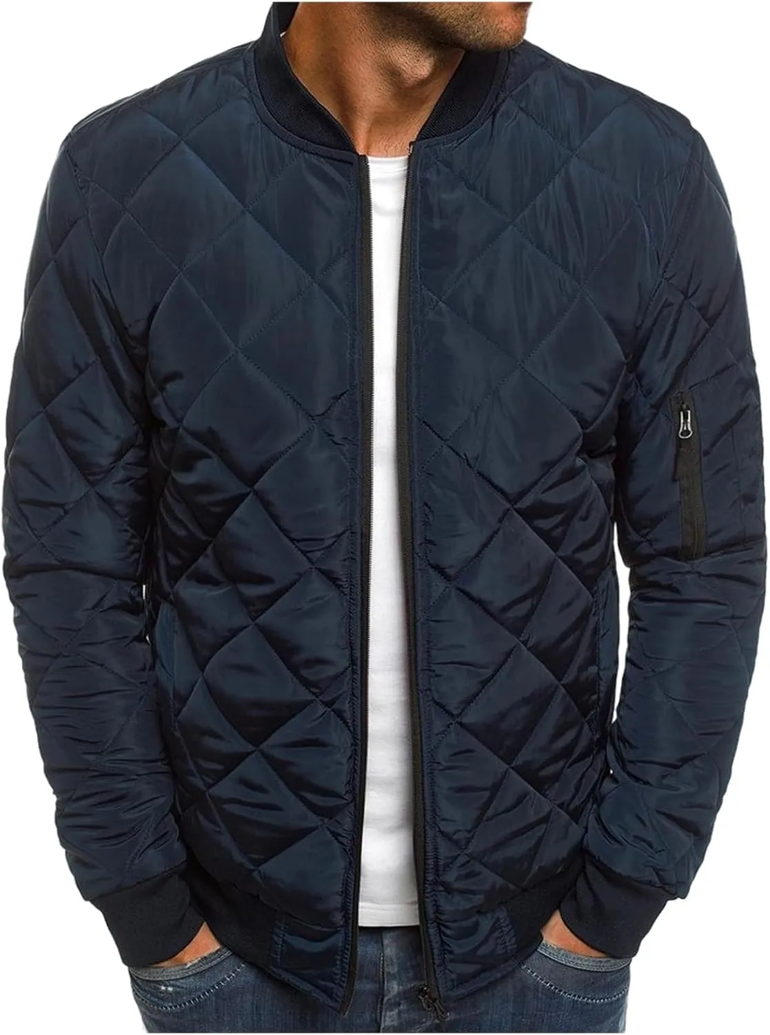 ZWRXW Bomber Jackets for Men Diamond Quilted Puffer Down Jacket Full Zip Lightweight Varsity Padded Coat Winter Warm Outwear