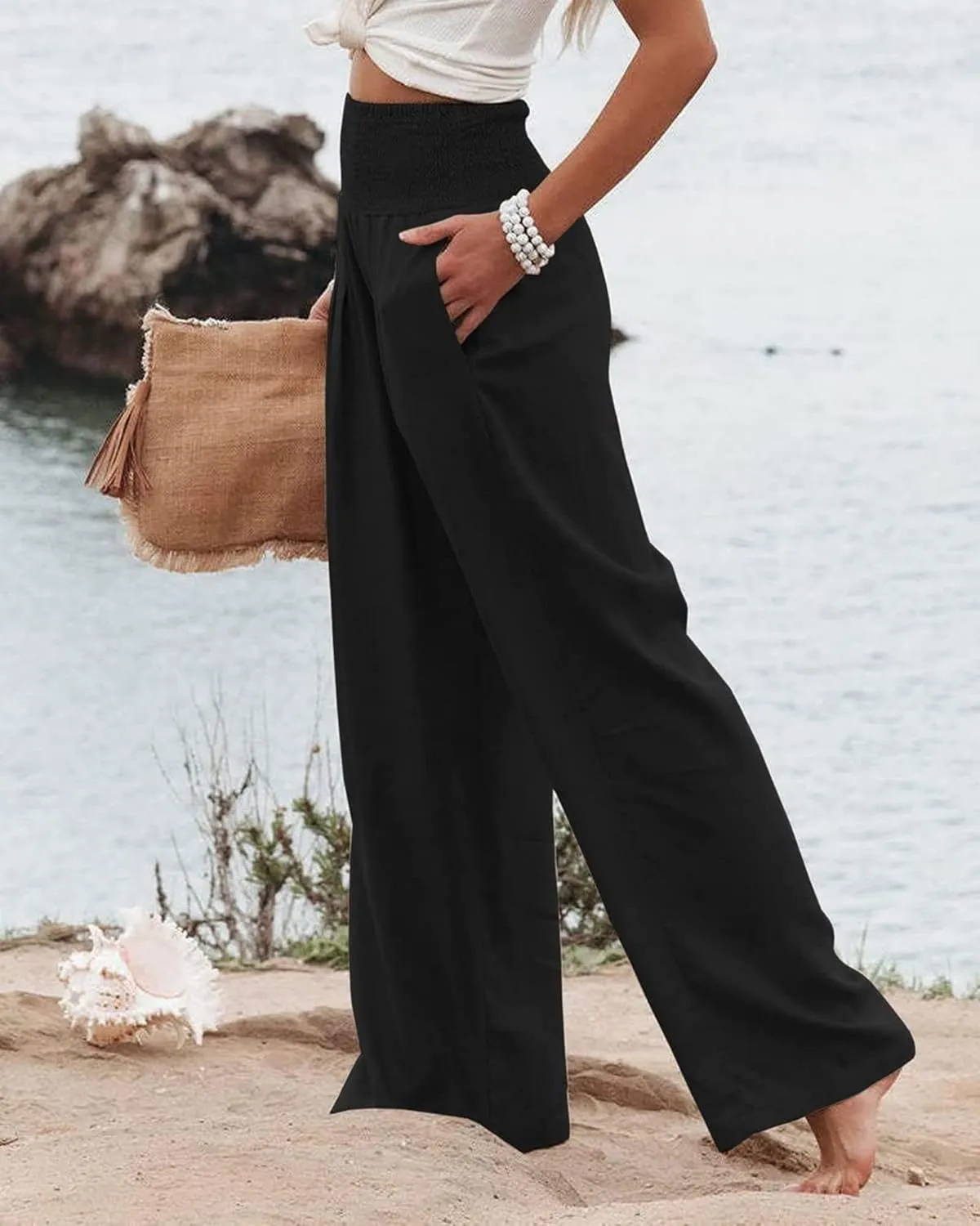 ZWRXW Linen Pants Women Summer High Waisted Wide Leg Pants Casual Lounge Pant Business Work Pants Comfy Lightweight Trousers
