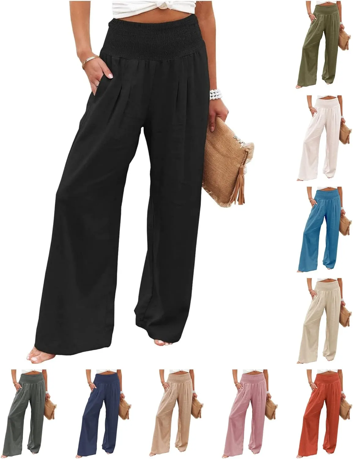 ZWRXW Linen Pants Women Summer High Waisted Wide Leg Pants Casual Lounge Pant Business Work Pants Comfy Lightweight Trousers