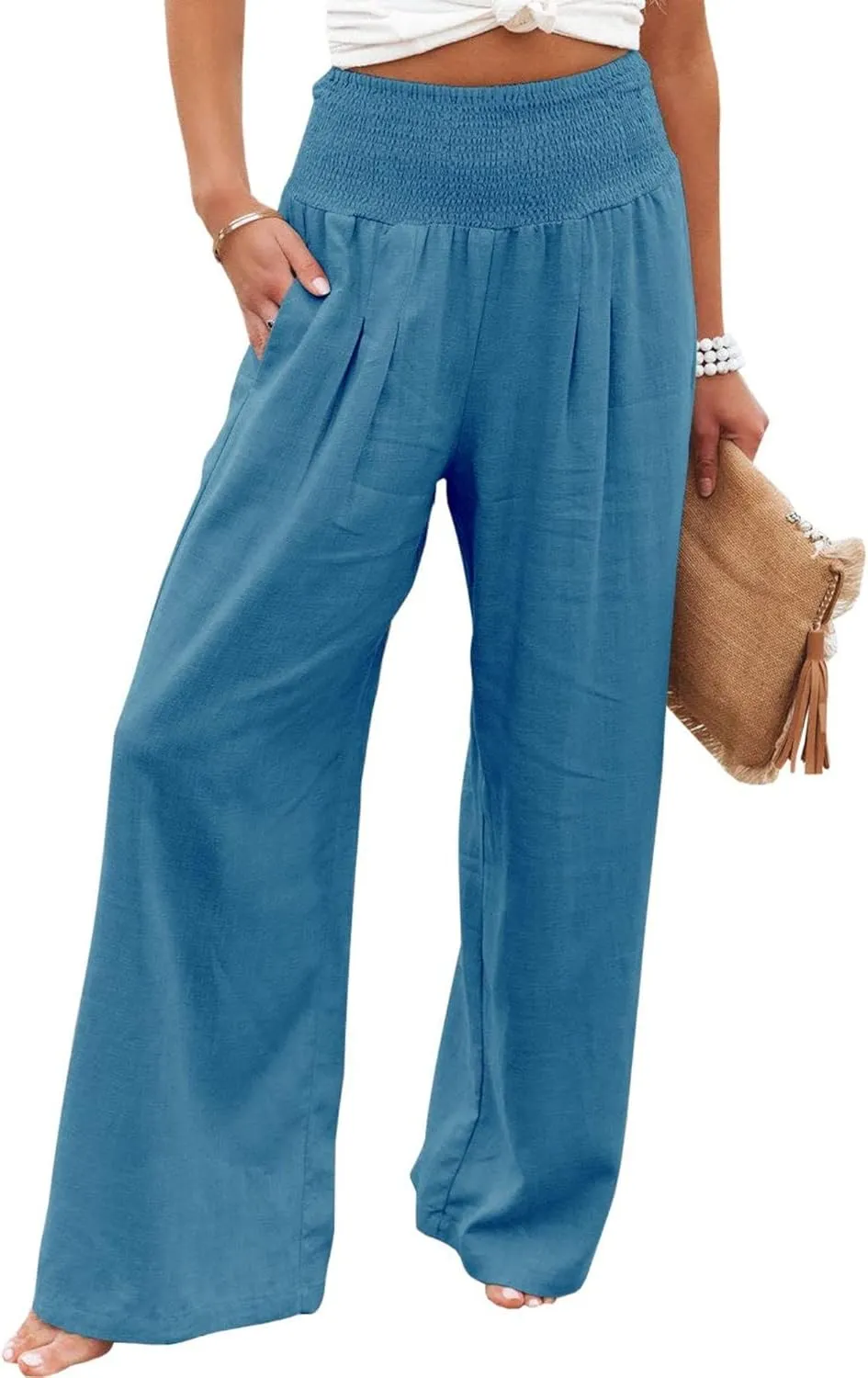 ZWRXW Linen Pants Women Summer High Waisted Wide Leg Pants Casual Lounge Pant Business Work Pants Comfy Lightweight Trousers