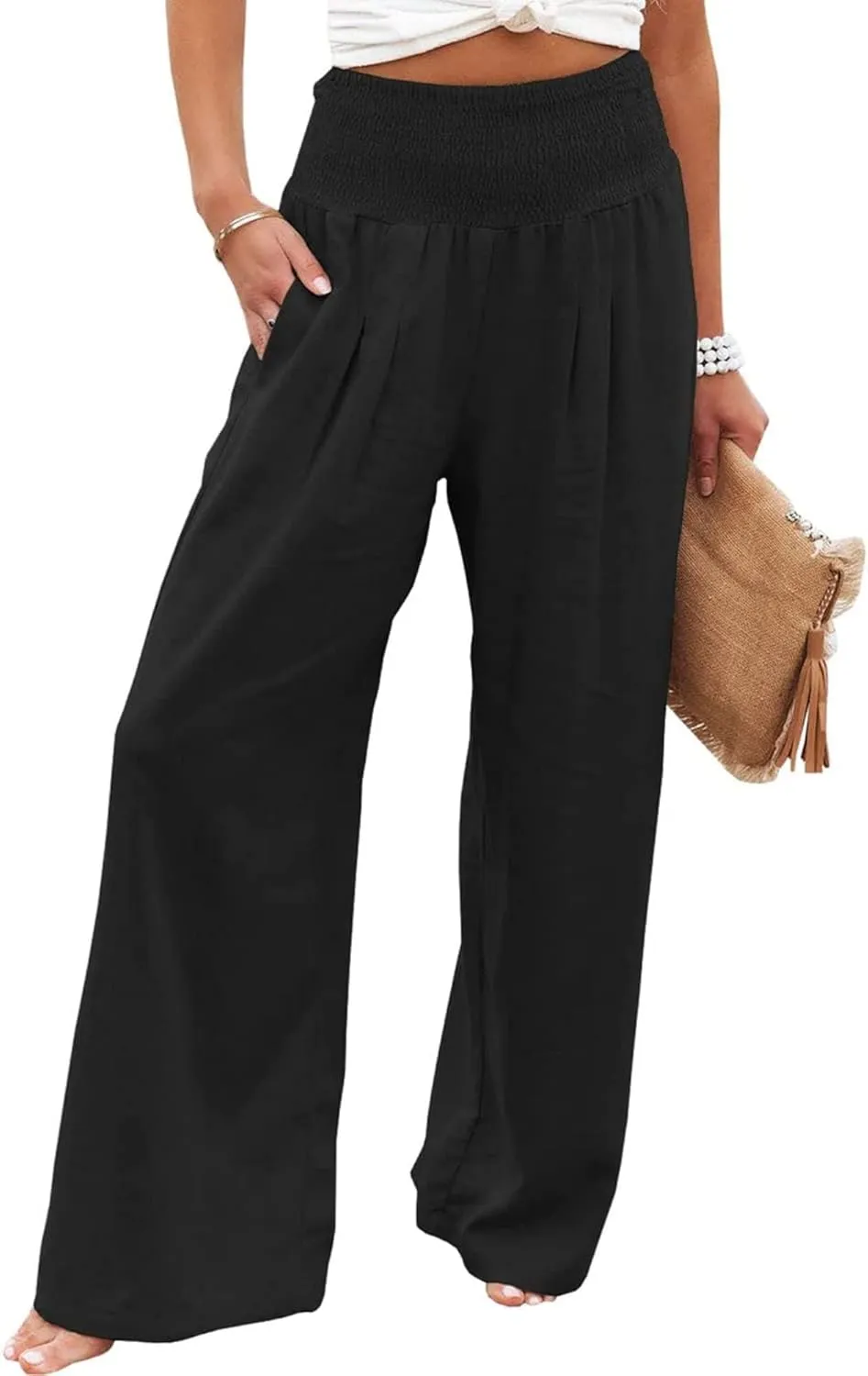 ZWRXW Linen Pants Women Summer High Waisted Wide Leg Pants Casual Lounge Pant Business Work Pants Comfy Lightweight Trousers